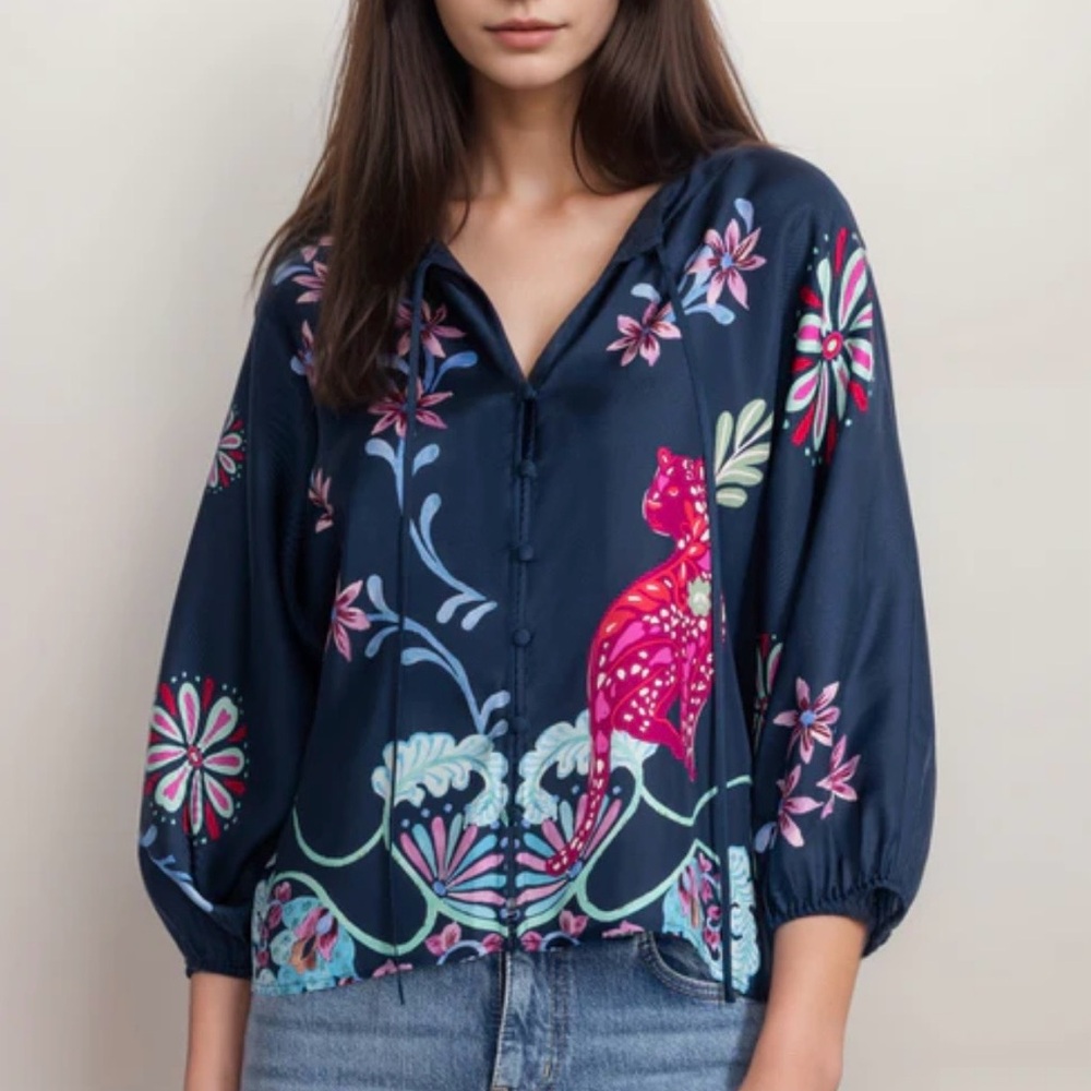 Johnny Was Dark Blue Floral Embroidered Blouse